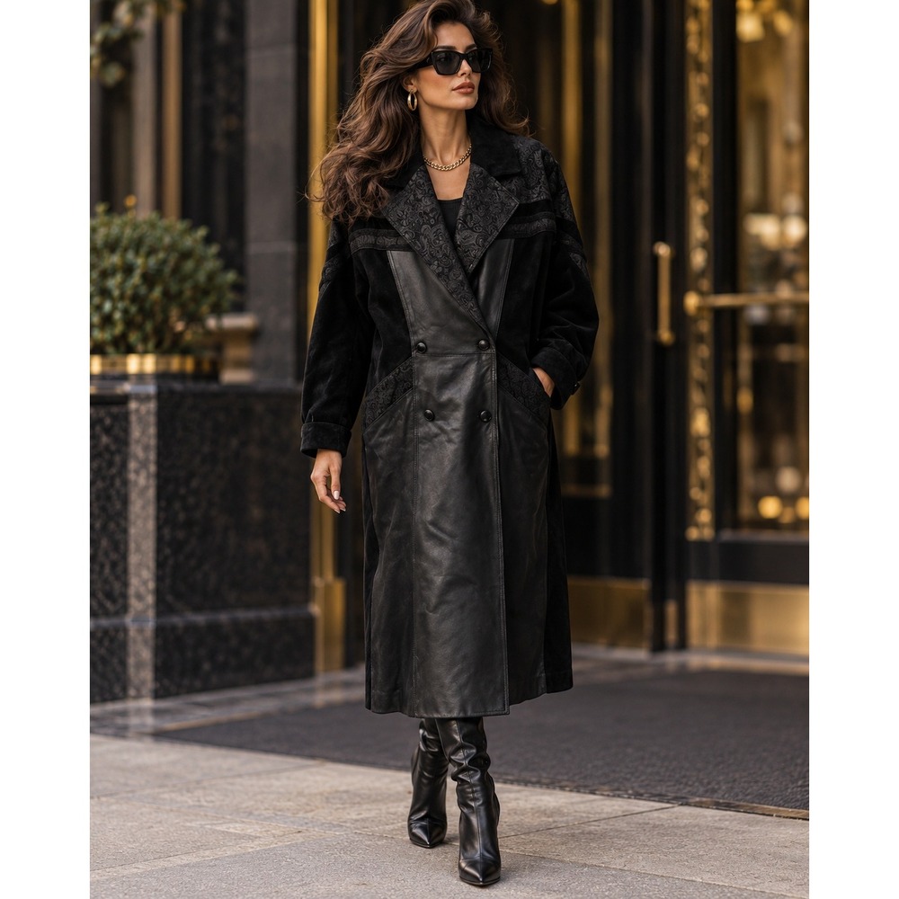 Wilsons Leather Paisley Embossed Suede Patchwork Long Trench Black Trench Coat M